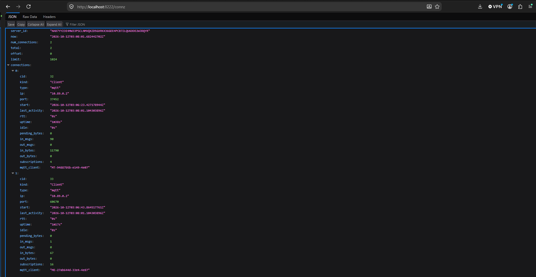 NATS connz showing two active MQTT connections with live message counts