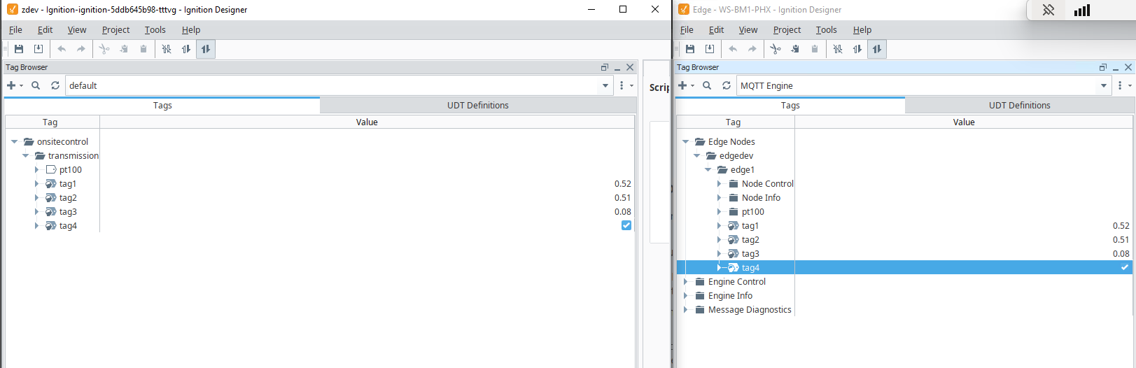 Tag browser side by side -- Transmission source on the left, Engine receiving on the right