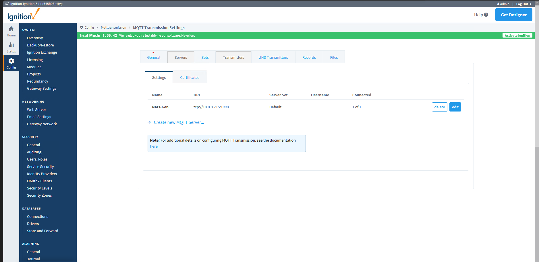 Transmission server entry showing Nats-Gen connected 1 of 1
