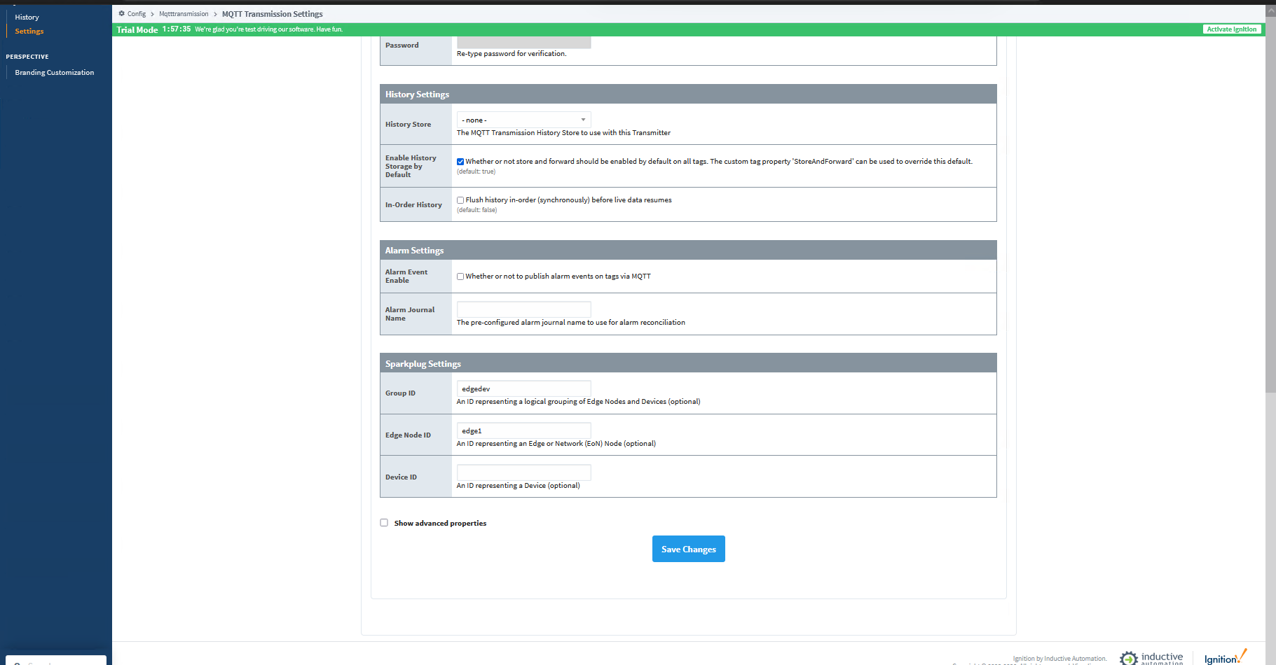 Transmitter Sparkplug settings -- Group ID and Edge Node ID